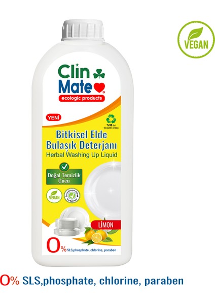 Yeni Clinmate Ekolojik Bitkisel Elde Bulaşık Deterjanı Limon 750 ml