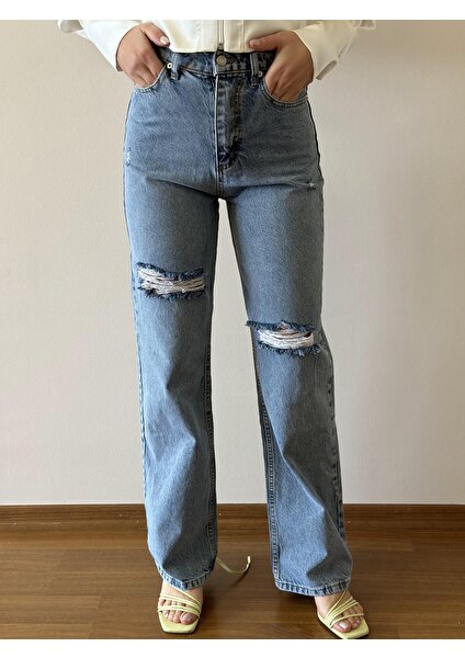 Foni Fashion Detaylı Yırtık Uzun Paça  Jean