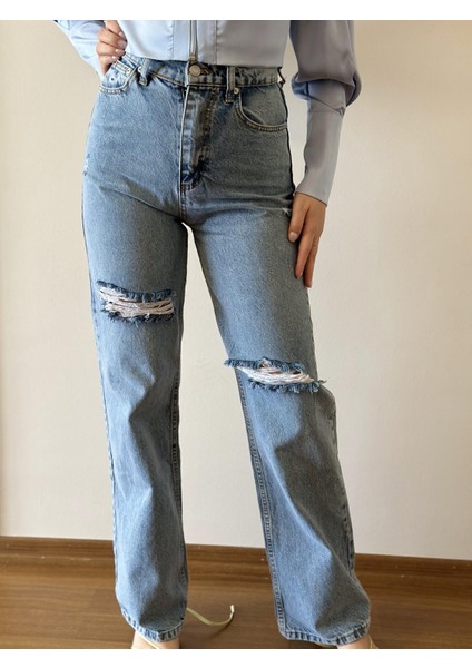 Foni Fashion Detaylı Yırtık Uzun Paça  Jean