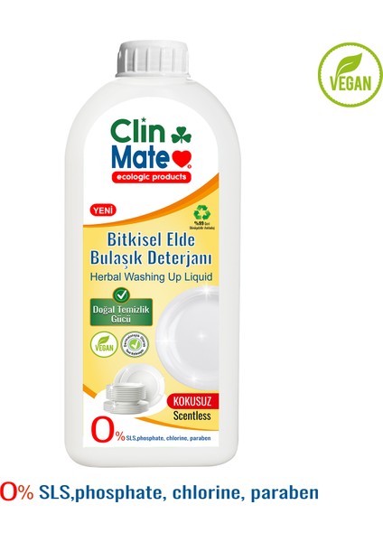 Yeni Clinmate Ekolojik Bitkisel Elde Bulaşık Deterjanı Kokusuz 750 ml