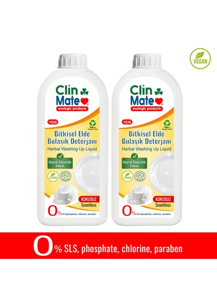 2'li Set Yeni Clinmate Ekolojik Bitkisel Elde Bulaşık Deterjanı Kokusuz 750 ml