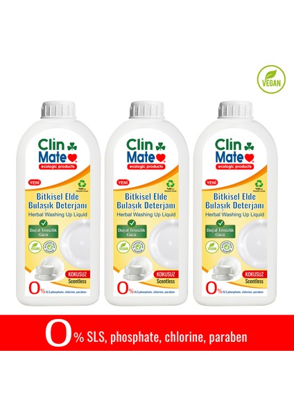 3'lü Set Yeni Clinmate Ekolojik Bitkisel Elde Bulaşık Deterjanı Kokusuz 750 ml