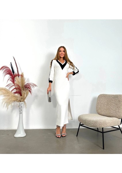 Kadın V Yaka Çift Yandan Yırtmaçlı Elbise