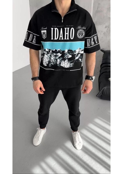 Baskılı Yarım Fermuarlı T-Shirt Siyah