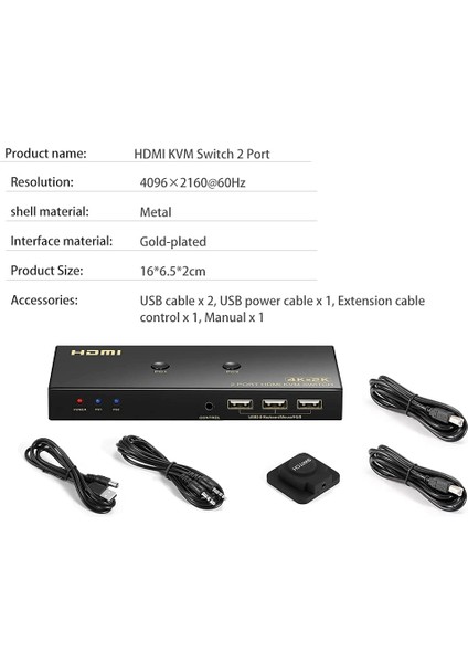 USB HDMI Kvm Switch HDMI Kvm Switch 2 Port Kvm Switch HDMI 1 Monitör 2 Pc Anahtarlı 4K60Hz 2K144Hz