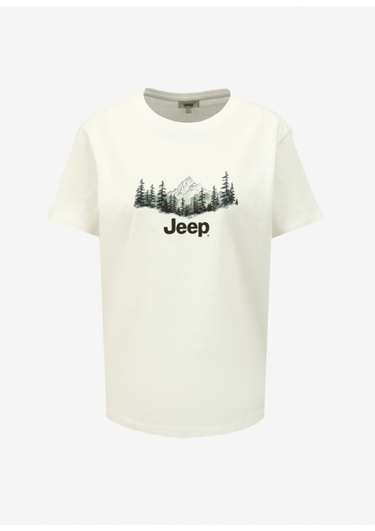 Bisiklet Yaka Baskılı Kırık Beyaz Kadın T-Shirt J4SL-TST7034