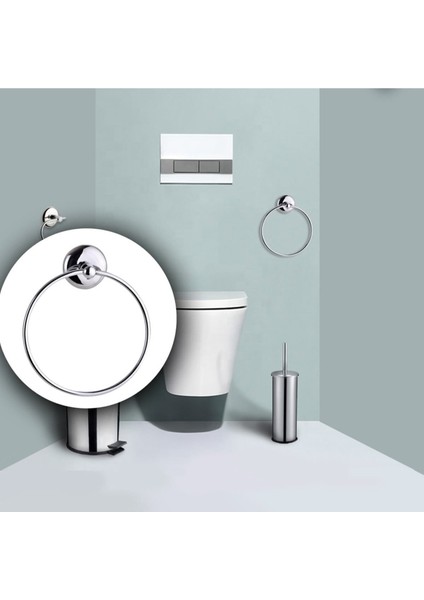 Tekno Trust Krom Yuvarlak Havluluk ve Dar Kapaklı Kağıtlık - 2'li Set - Banyo Aksesuar Seti 2 Parça Gümüş