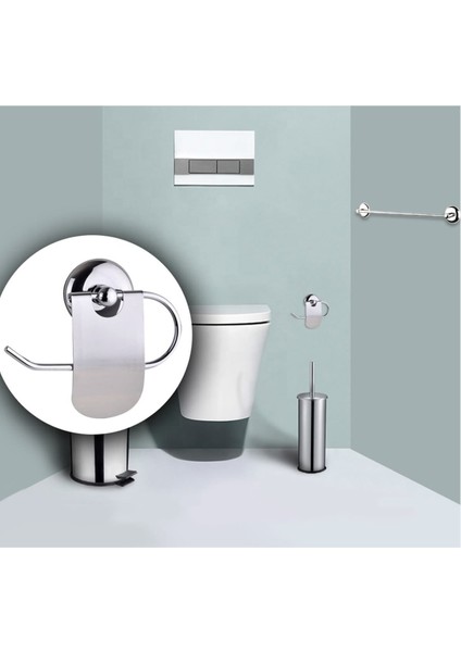Tekno Trust Krom Yuvarlak Havluluk ve Dar Kapaklı Kağıtlık - 2'li Set - Banyo Aksesuar Seti 2 Parça Gümüş