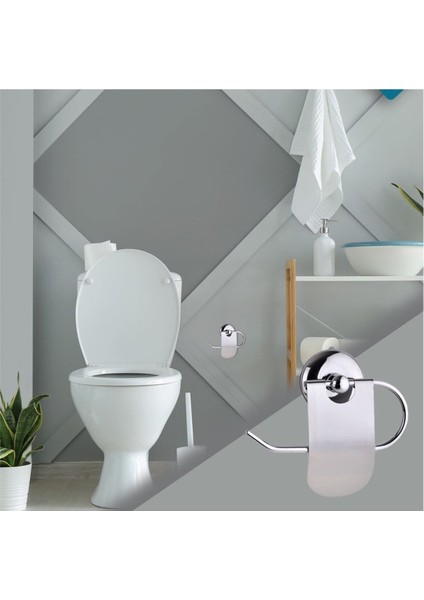 Tekno Trust Krom Yuvarlak Havluluk ve Dar Kapaklı Kağıtlık - 2'li Set - Banyo Aksesuar Seti 2 Parça Gümüş