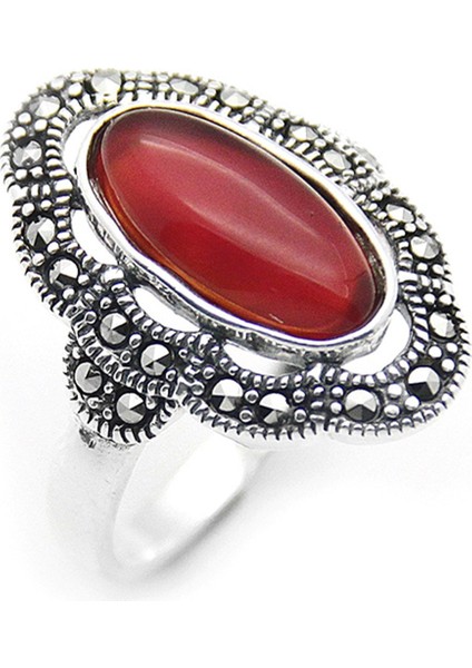 Gümüş 925 Ayar Kadın Yüzük Markazit Taşlı ve Akik