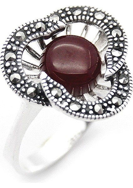 Gümüş 925 Ayar Kadın Yüzük Markazit ve Akik Taşlı