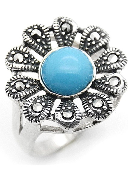 Gümüş 925 Ayar Kadın Yüzük Markazit Taşlı ve Turkuaz Çiçek