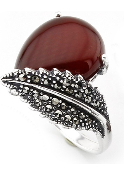 Gümüş 925 Ayar Kadın Yüzük Markazit ve Akik Taşlı