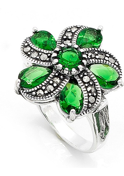 Gümüş 925 Ayar Kadın Çiçek Yüzük Markazit Taşlı