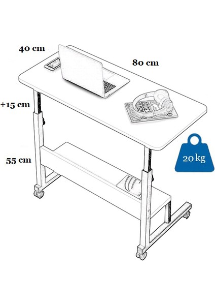 Yükseklik Ayarlı Raflı Çalışma Masası - Antrasit (Tekerli) 80 x 40 cm Oval Kenar