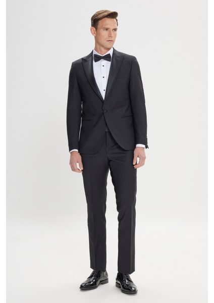 ALTINYILDIZ CLASSICS Erkek Siyah Slim Fit Dar Kesim Kırlangıç Yaka %100 Yünlü Klasik Smokin Takım