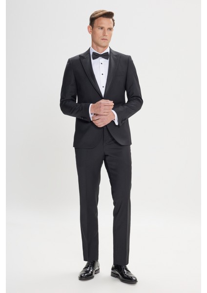 ALTINYILDIZ CLASSICS Erkek Siyah Slim Fit Dar Kesim Kırlangıç Yaka %100 Yünlü Klasik Smokin Takım