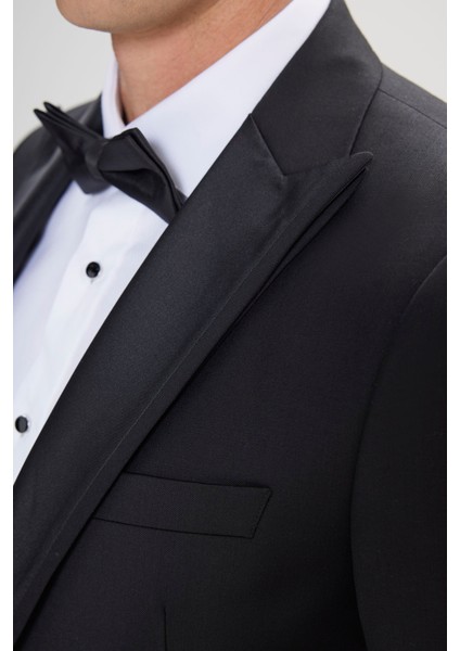 ALTINYILDIZ CLASSICS Erkek Siyah Slim Fit Dar Kesim Kırlangıç Yaka %100 Yünlü Klasik Smokin Takım
