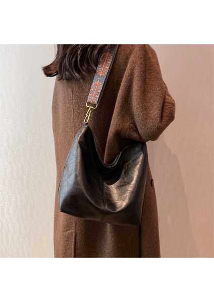 Vintage Düz Renk Pu Deri Kadın Moda Omuz Tek Kollu Çanta Basit Geniş Askı Kova Crossbody Çanta (Yurt Dışından)