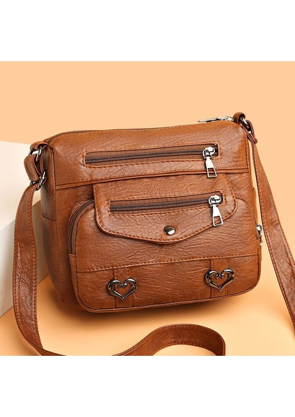 Retro Çok Cepli Crossbody Çanta, Yumuşak Suni Deri Omuz Çantası, Kadınlar Için Kalp Dekor Çanta (Yurt Dışından)