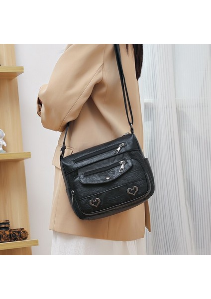 Retro Çok Cepli Crossbody Çanta, Yumuşak Suni Deri Omuz Çantası, Kadınlar Için Kalp Dekor Çanta (Yurt Dışından)
