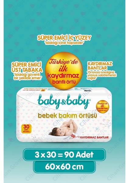 Baby&baby Kaydırmaz Bantlı Bebek Bakım Örtüsü 60X60CM 30'lu x 3 Adet