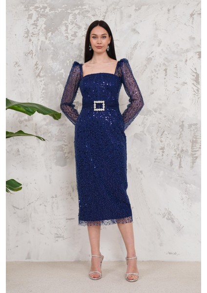 Pullu Lacivert Kalem Abiye Elbise fiyatları