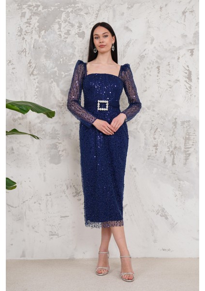 Pullu Lacivert Kalem Abiye Elbise modelleri