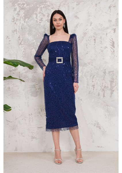 Pullu Lacivert Kalem Abiye Elbise fırsatları