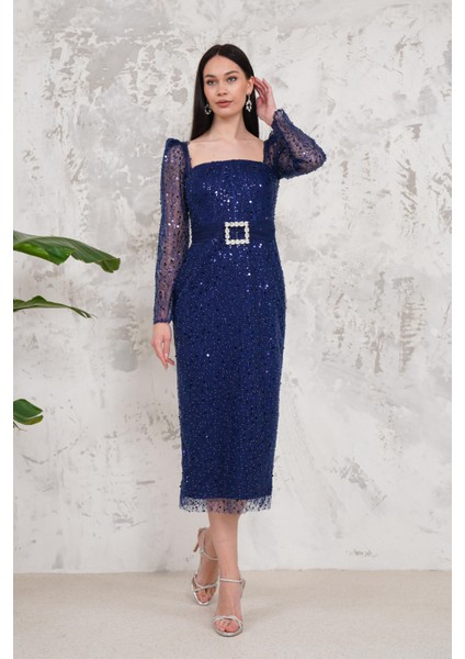 Pullu Lacivert Kalem Abiye Elbise indirimleri