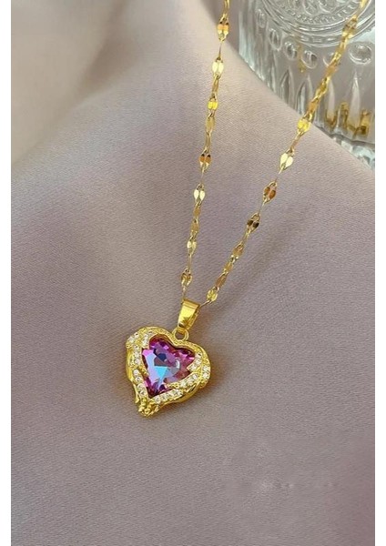 Gold Renk Okyanusun Kalbi Pembe Taşlı Kadın Çelik Kolye ECK48