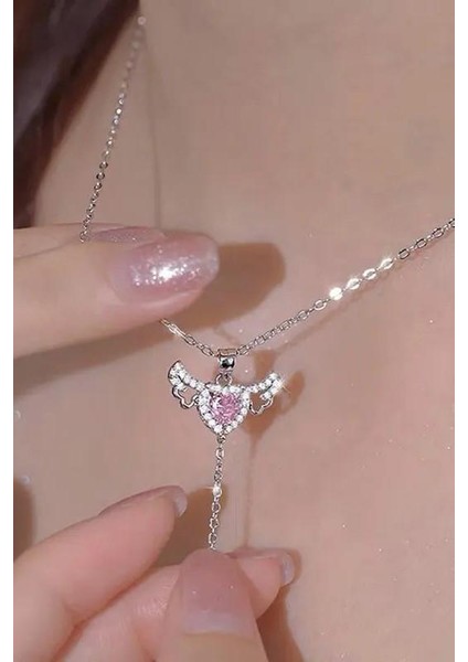 Hareketli Kanatlı Kalpli Pembe Taşlı Kadın Çelik Kolye ECK49B