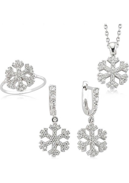 Kar Tanesi Gümüş Kolye Küpe Yüzük Taşlı Set TST07 12