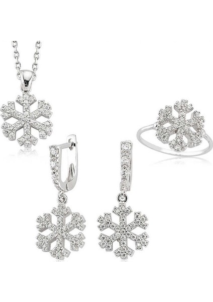Kar Tanesi Gümüş Kolye Küpe Yüzük Taşlı Set TST07 12