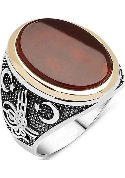 Tuğralı Armalı Ay Yıldızlı Gümüş Erkek Yüzük Taşlı Y32