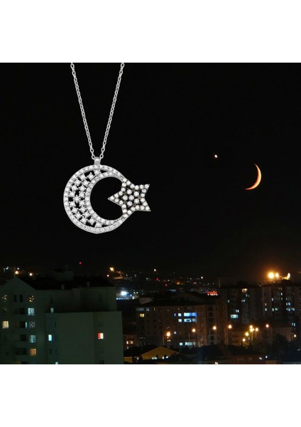 Ay Yıldız Gümüş Kolye Zirkon Taşlı Büyük Boy wsn143 fiyatları