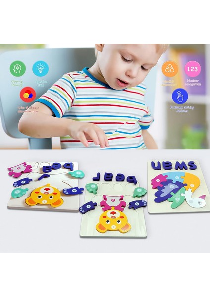 Erkek ve Kız Çocuklar Için Ahşap Mandal Bulmacalar, Yapboz Eğitici Oyuncaklar, 2-4 Yaş Arası Çocuklar Için Montessori Sayı ve Alfabe Oyunları Seti, Sevimli Hayvan Şekli (Ayı+Köpek+ (Yurt Dışından) modelleri