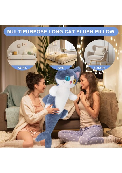 Uzun Köpekbalığı Kedi Peluşu 31,5", Mavi Kedi Doldurulmuş Hayvan, Tek Gözlü Köpekbalığı Gövdesi Kedi Yüzü Yaratıcı Tasarım, Uyuyan Sarılma Vücut Yastığı, Doğum Günü Veya Cadılar Ba (Yurt Dışından)