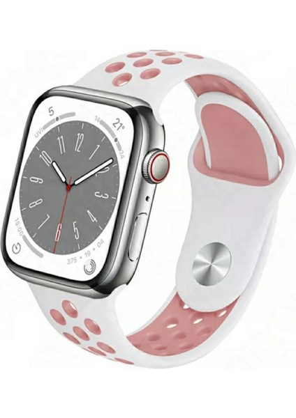 Apple Watch 38MM / 40MM/ 41 mm (Seriler /se ile Uyumlu) Delikli Spor Silikon Kordon Beyaz Pembe