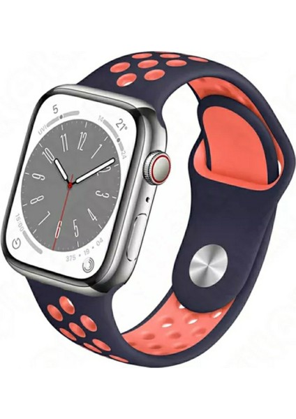 Apple Watch 38MM / 40MM/ 41 mm (Seriler /se ile Uyumlu) Delikli Spor Silikon Kordon Lacivert Turuncu