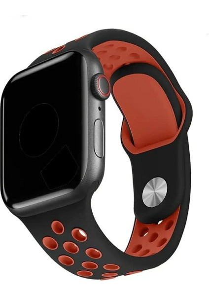 Apple Watch 42 mm / 44MM / 45MM / 49 mm (Seriler /se/ultra ile Uyumlu) Delikli Spor Silikon Kordon Siyah Turuncu