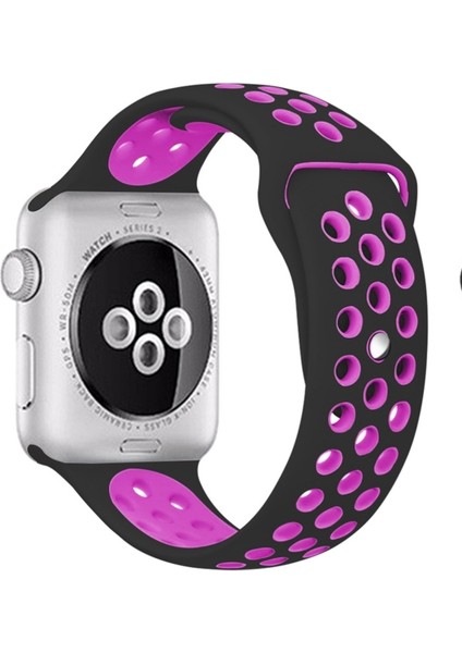 Apple Watch 42 mm / 44MM / 45MM / 49 mm (Seriler /se/ultra ile Uyumlu) Delikli Spor Silikon Kordon Siyah Pembe