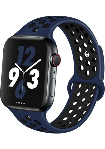 Apple Watch 42 mm / 44MM / 45MM / 49 mm (Seriler /se/ultra ile Uyumlu) Delikli Spor Silikon Kordon Lacivert Siyah