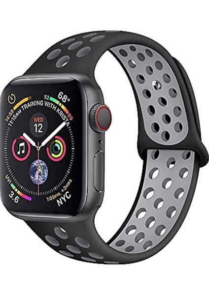 Apple Watch 42 mm / 44MM / 45MM / 49 mm (Seriler /se/ultra ile Uyumlu) Delikli Spor Silikon Kordon Siyah Gri