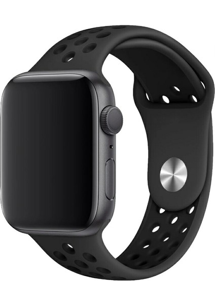 Apple Watch 42 mm / 44MM / 45MM / 49 mm (Seriler /se/ultra ile Uyumlu) Delikli Spor Silikon Kordon Füme Siyah