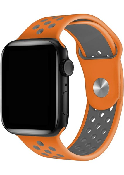 Apple Watch 42 mm / 44MM / 45MM / 49 mm (Seriler /se/ultra ile Uyumlu) Delikli Spor Silikon Kordon Turuncu Gri