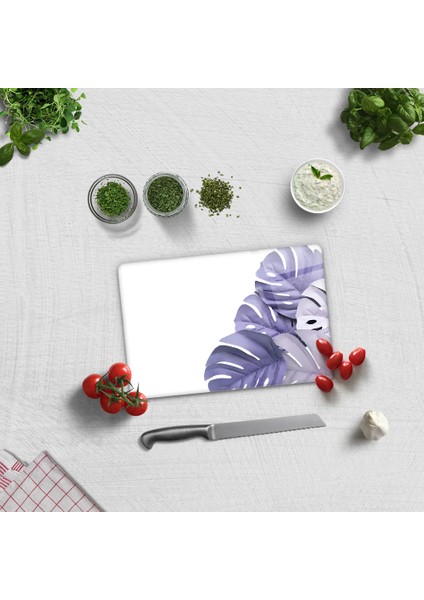 Cam Kesme Tahtası - Cam Kesme Tablası | Mor Yapraklar Beyaz Fon | 20cm x 30cm