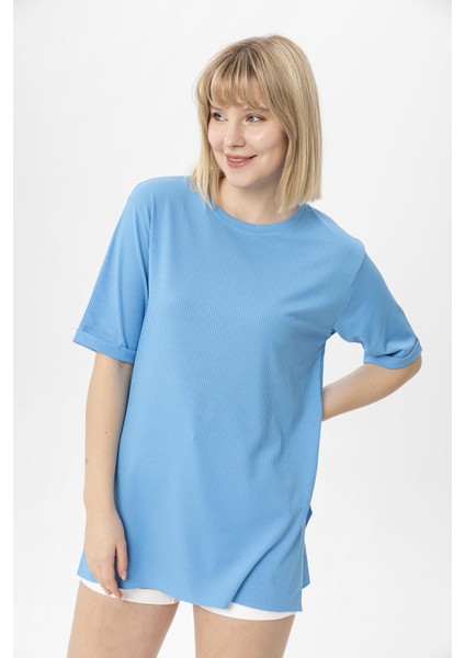 Kadın Yırtmaçlı Fitilli Oversize Uzun Tişört 240045 -