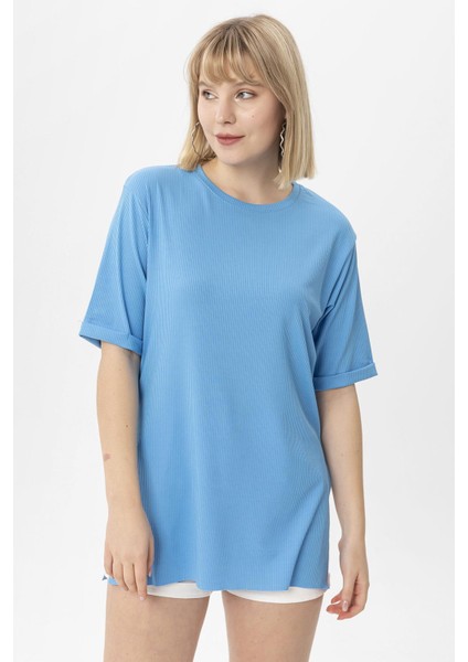 Kadın Yırtmaçlı Fitilli Oversize Uzun Tişört 240045 -