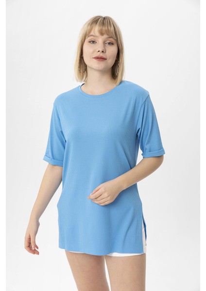Kadın Yırtmaçlı Fitilli Oversize Uzun Tişört 240045 -